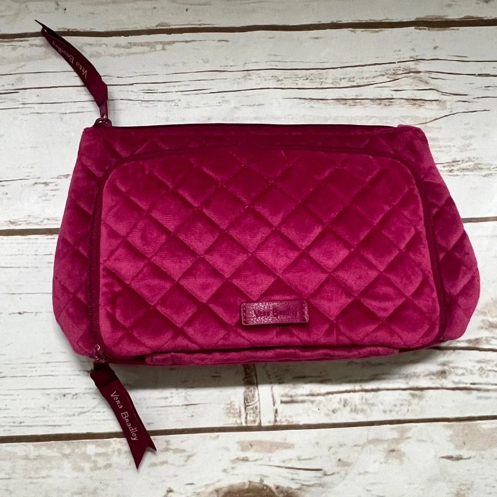 Vera Bradley Cosmetic Bag Magenta Quilted Velvet Travel Pouch Medium